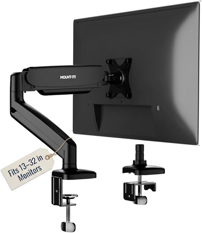 Mount-It! Single Monitor Arm Desk Mount, Gas Spring Monitor Mount, Fits 13–32" Screens up to 17.6 lbs, VESA 75x75 & 100x100, Full Motion Tilt Swivel Rotate, C-Clamp & Grommet Base