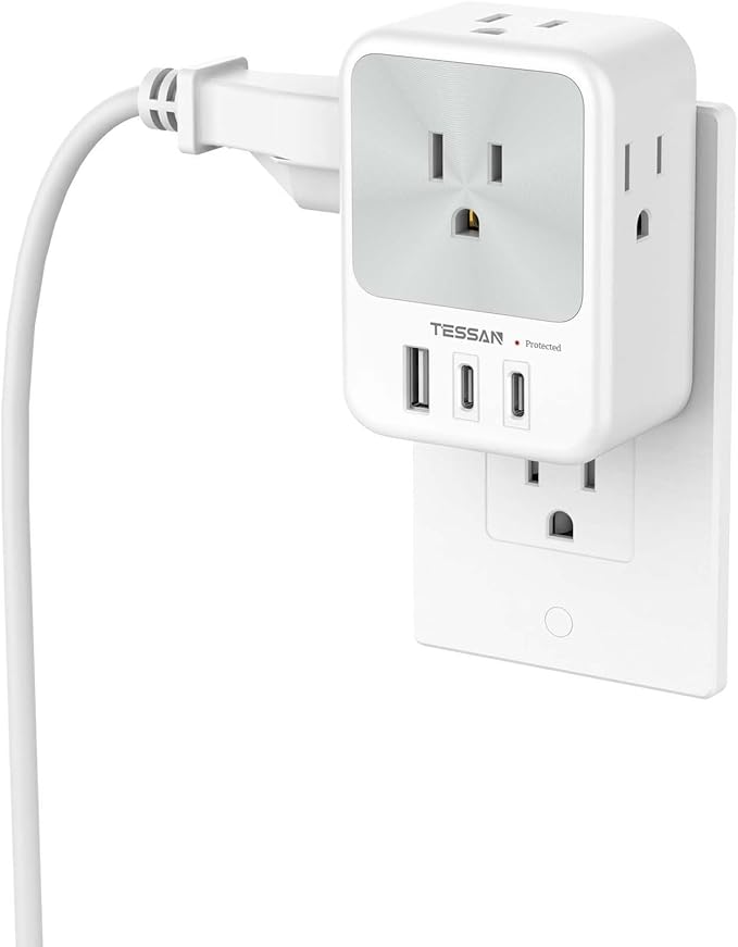TESSAN Surge Protector Wall Outlet Extender, Multi Plug Outlet Splitter with 3 USB Charging Blocks(2 USB C), Multi Plug Wall Charger for Home, Office, School, College Dorm Essentials, Grey