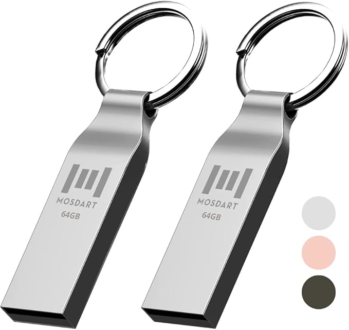 MOSDART Waterproof 64GB USB2.0 Flash Drive, exFAT Metal Memory Stick with Keychain, for System Back, Data Storage, Silver(Pack of 2)
