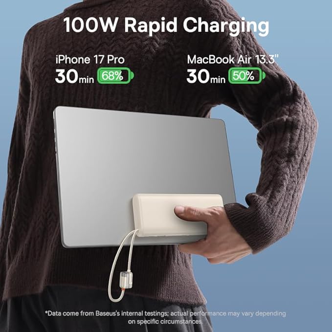 Baseus Portable Charger with Built in Cable, 100W Laptop Power Bank 20000mAh, Travel Essential Fast Charging USB C Battery Pack for MacBook, iPhone 17/16 Series, Samsung Galaxy S25/24, TSA-Approved