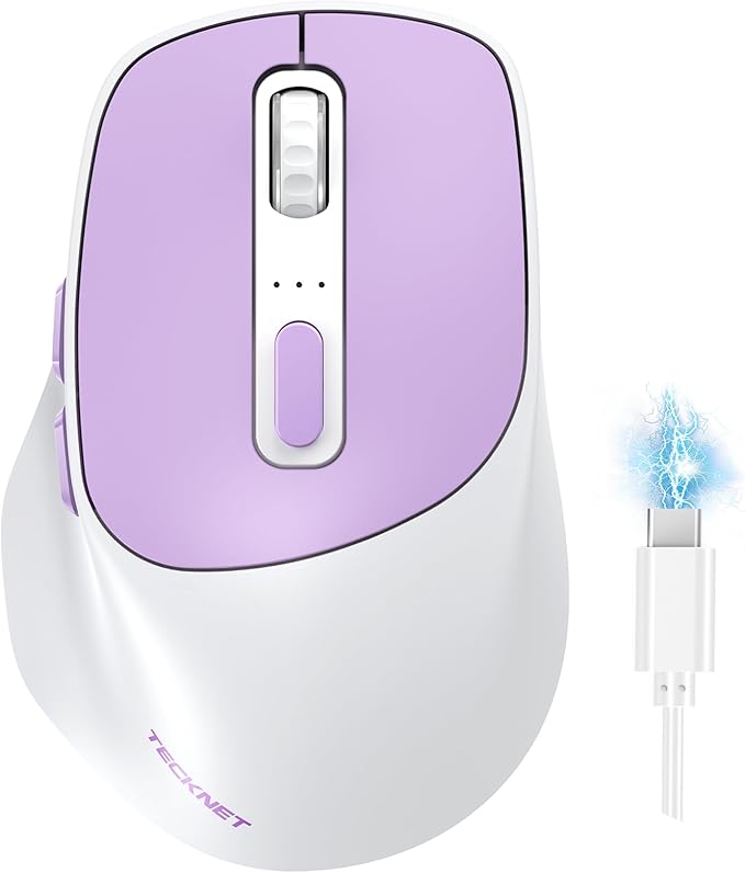 TECKNET 3-Device Wireless Mouse, Rechargeable Dual-Mode (2.4G & BT 5.0), Silent USB-A & Bluetooth Mouse, 6-DPI up to 4800, Wide Compatibility - Purple and White