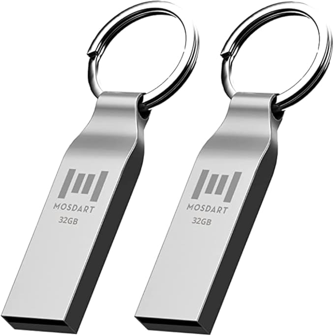MOSDART Waterproof 32GB USB2.0 Flash Drive, FAT32 Metal Memory Stick with Keychain, for System Back, Data Storage, Silver(Pack of 2)