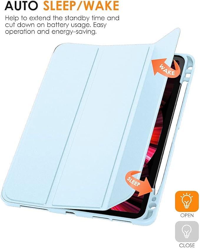 DTTO for iPad Pro 11 inch 4th/3rd/2nd/1st Generation 2022/2021/2020/2018 Case, Smart Slim Trifold Stand Soft TPU Back Cover with Built-in Pencil Holder, Also Fit iPad Air 5/4,Ice Blue