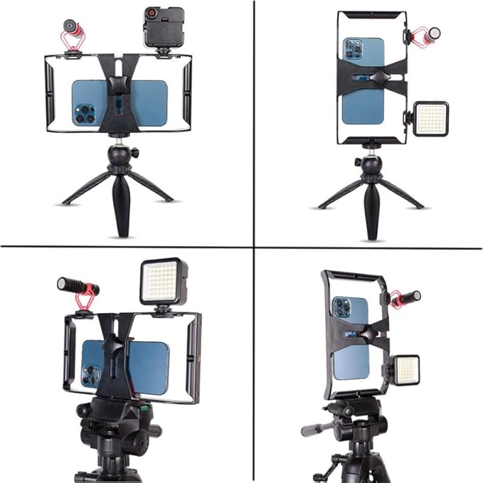 Smartphone Video Cage Rig, HuaerHui Handheld Phone Video Filmmaking Vlogging Stabilizer Grip Tripod Mount Fits Most Phones, with Cold Shoe Mounts, 1/4in Screw Holes to Connect LED Lights/Microphones