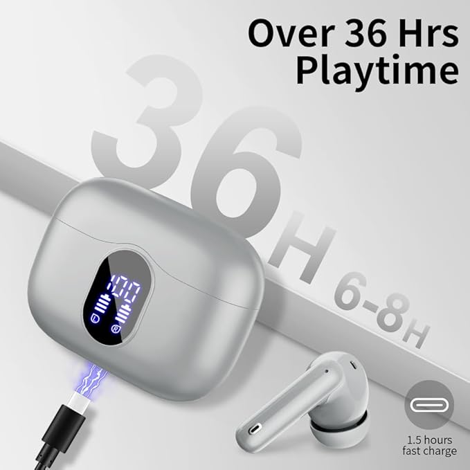 Btootos Wireless Earbuds Bluetooth 5.3 Headphones Bass Stereo Ear Buds with Noise Cancelling Mic LED Display in Ear Earphones IP7 Waterproof 36H Playtime for Laptop Pad Phones Sports Graphite Gray