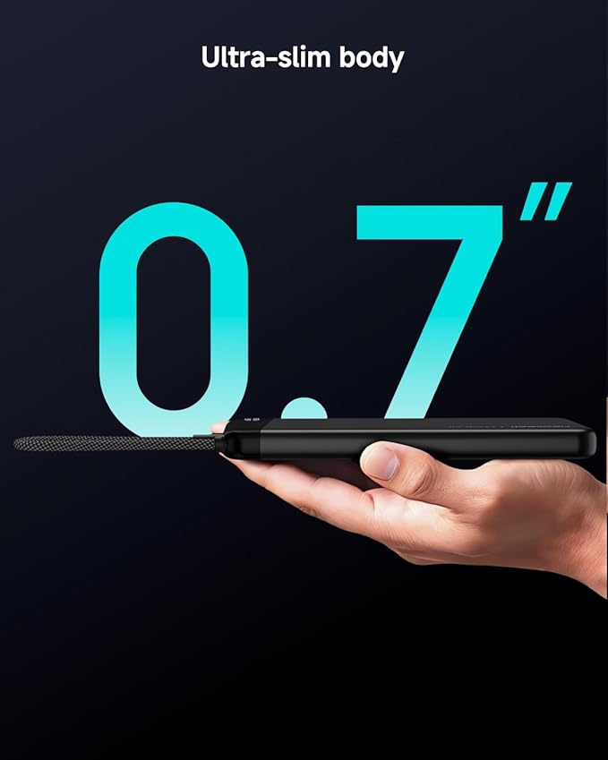 Ultra-Thin 20,000mAh Power Bank, 45W Max Fast Charging Battery Pack, Built-in USB-C Cable for iPhone 17/16 Series, Galaxy, MacBook, and More