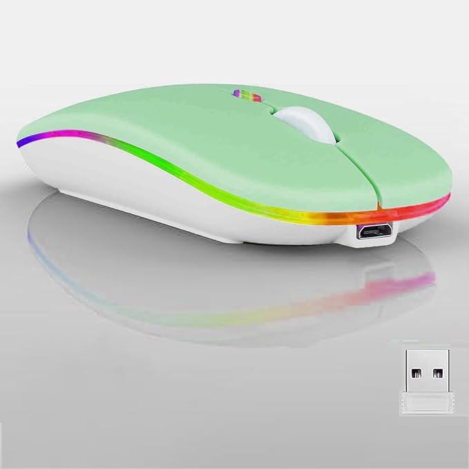 Guiheng Wireless Bluetooth Mouse,LED Dual Mode Rechargeable Silent Slim Laptop Mouse,Portable(BT5.2+USB Receiver) Dual Mode Computer Mice,for Laptop,Desktop Computer,ipad Tablet,Phone,TV (Green)