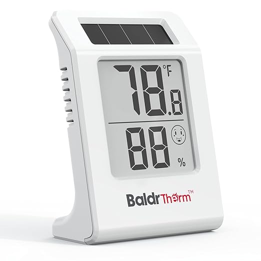 BaldrTherm 2.2'' Digital Thermometer and Hygrometer Meter, Solar-Powered Indoor Temperature Sensor Humidity Monitor, Humidity Gauge for Baby Rooms, Bedrooms, Home, Office, and Wine Cellars, 1Pack