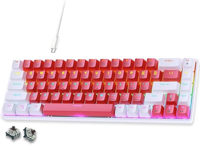 abucow 65% Wired Mechanical Keyboard – 68-Key Compact Layout, Full Anti-Ghosting, Brown Switch Swappable White Red Keycaps, for Windows/Mac