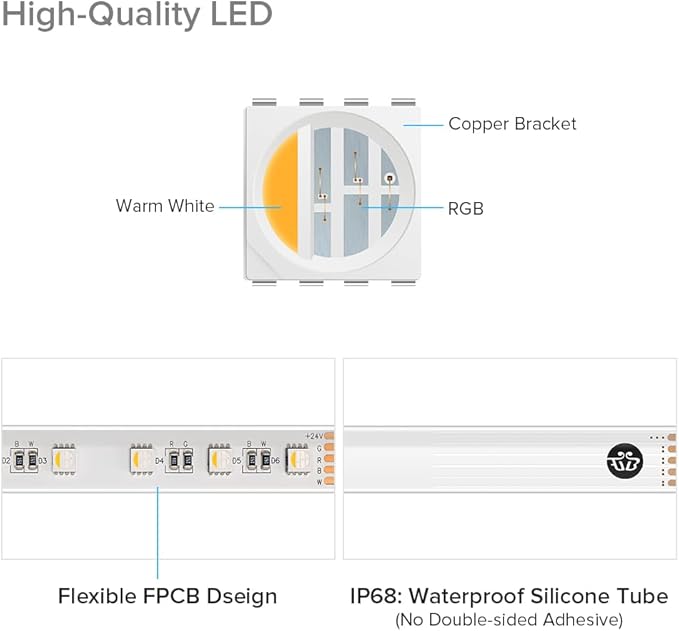BTF-LIGHTING IP68 Waterproof Outdoor RGBW LED Strip 5050SMD RGB+Warm White(3000K-3500K) 4 Color in 1 DC24V 16.4ft 5m 60LED/m Multi-Colored Light White PCB Can Work Outdoor(No Adapter or Controller)