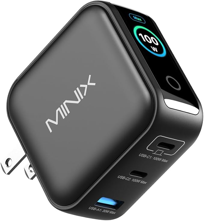 MINIX 100W USB C Charger, 3 Port GaN Charger with Smart Display and Touch Control, Powerful 100W Fast Charging for MacBook pro, iPhone 17/16 Series, Galaxy, Pixel, Laptop, and More. (NEO P3 Pro)