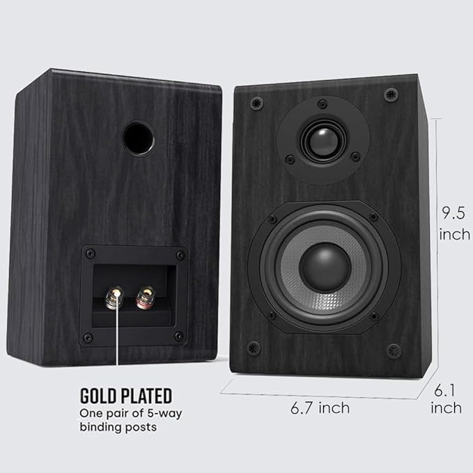 LONPOO Passive Bookshelf Speaker, 75W x 2 Classic Wooden Near Field Monitor with 4-Inch Carbon Fiber Woofer &1-Inch Silk Domed Tweeter 2-Way Speaker,Amplifier Required (Not Inlcuded), Black
