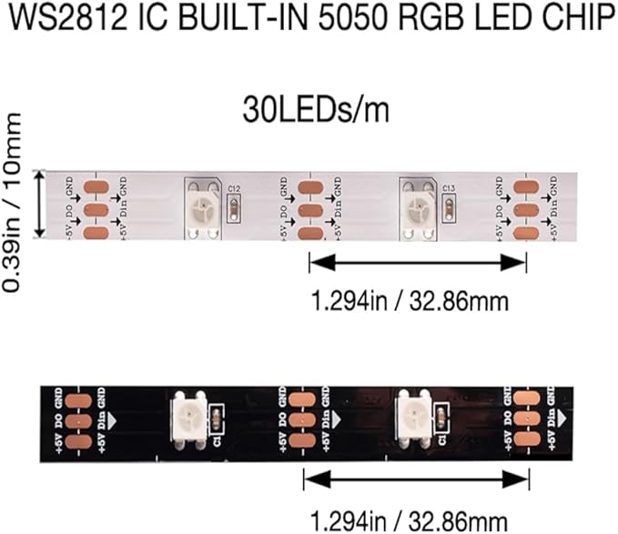WS2812B LED Strip Individual Addressable Light WS2811 IC WS2812 30Pixels/m SMD 5050 RGB Pixel Strip DC5V (16.4FT 150LEDS Non-Waterproof, White PCB)