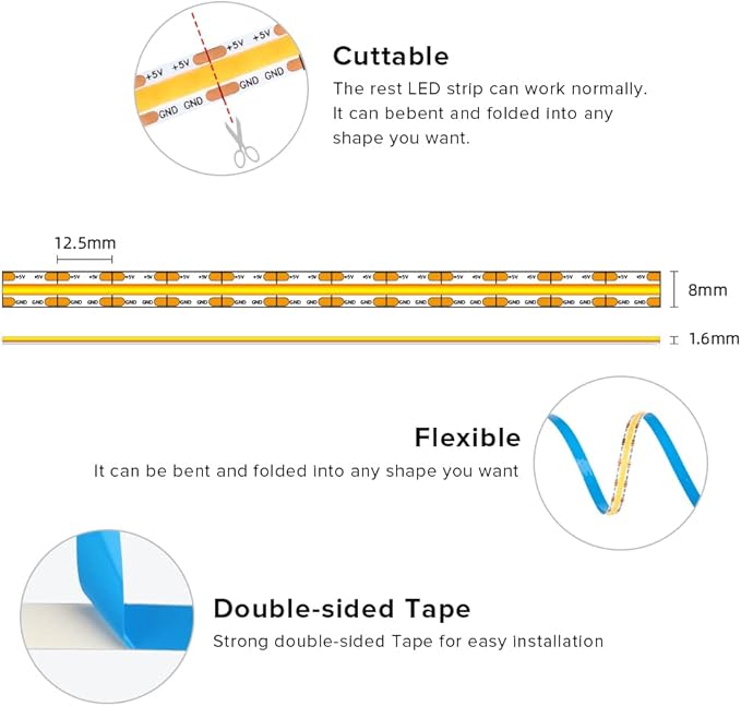 BTF-LIGHTING FCOB COB FOB LED Strip Lights 5V USB Powered 3.28FT 320LEDs Warm White 3000K 8mm Width Dimmable CRI 90+ with 3M Tape Flexible High Density for 3D Printer TV Backlight PC DIY Decor