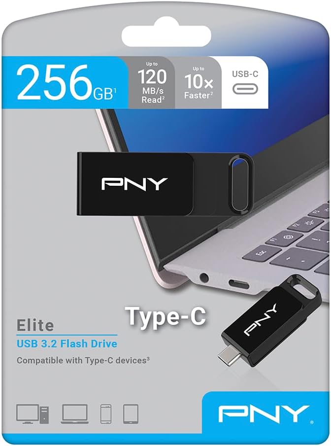 PNY Elite Type-C 256GB USB 3.2 Flash Drive – Up to 120MB/s Read, Up to 10x Faster Write Than USB 2.0, Reliable Design, Durable & Portable for Everyday Store & Share, Type-C Connector