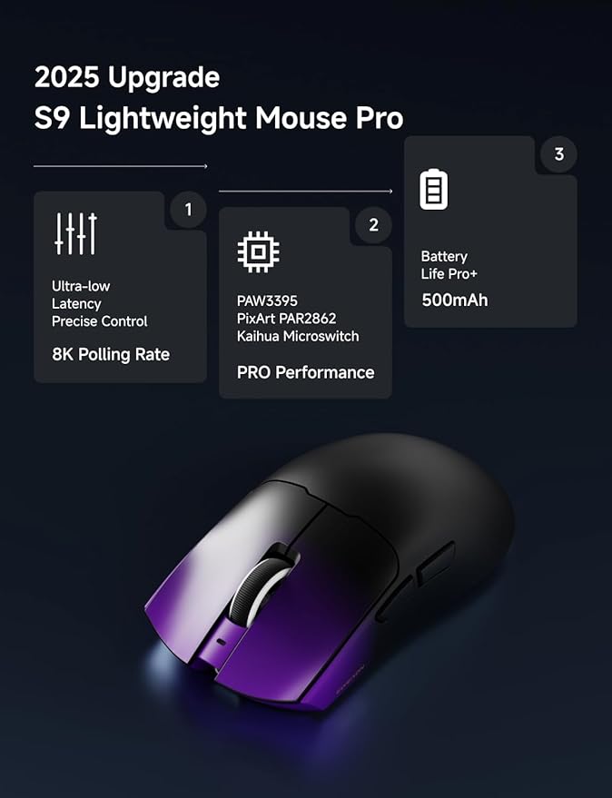 EWEADN S9 Pro Wireless Gaming Mouse, 59g Ergonomic Computer Mouse, 2.4Ghz/Bluetooth/USB-C, 8K Polling Rate, 26000 DPI, PAW3395 Optical Sensor, 250Hrs Battery Life, Programmable for PC/Win/Mac