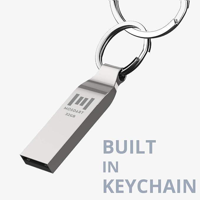 MOSDART Waterproof 32GB USB2.0 Flash Drive, FAT32 Metal Memory Stick with Keychain, for System Back, Data Storage, Silver