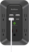 Addtam 5-Outlet Extender Surge Protector, Multi Plug Wall Outlet with 4 USB Wall Charger(2 USB C), Outlet Splitter Power Strip for Home Office Dorm Room Essentials, Plug Extension Outlet 1800J, Black