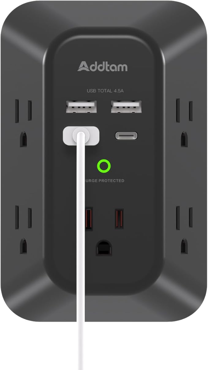 Addtam 5-Outlet Extender Surge Protector, Multi Plug Wall Outlet with 4 USB Wall Charger(2 USB C), Outlet Splitter Power Strip for Home Office Dorm Room Essentials, Plug Extension Outlet 1800J, Black