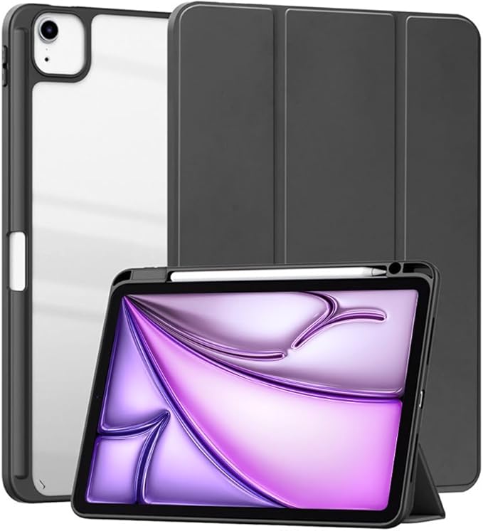 Clear Case for iPad Air 13 Inch (M4 2026/M3 2025/M2 2024)&iPad Pro 12.9 6th/5th/4th/3rd Gen (2018-2022) with Pencil Holder, Magnetic Trifold Smart Stand Cover Auto Wake Sleep (Black)