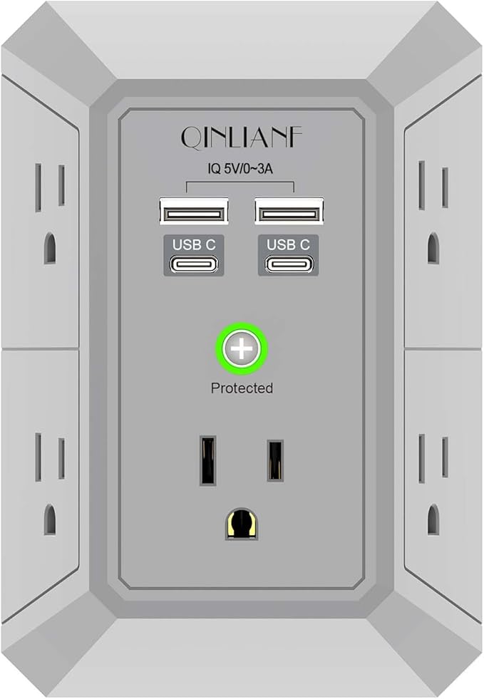 USB Wall Charger, Surge Protector, QINLIANF 5 Outlet Extender with 4 USB Charging Ports(2U2C) 3-Sided 1680J Power Strip Multi Plug Outlets Wall Adapter Spaced for Home Travel Office, Grey