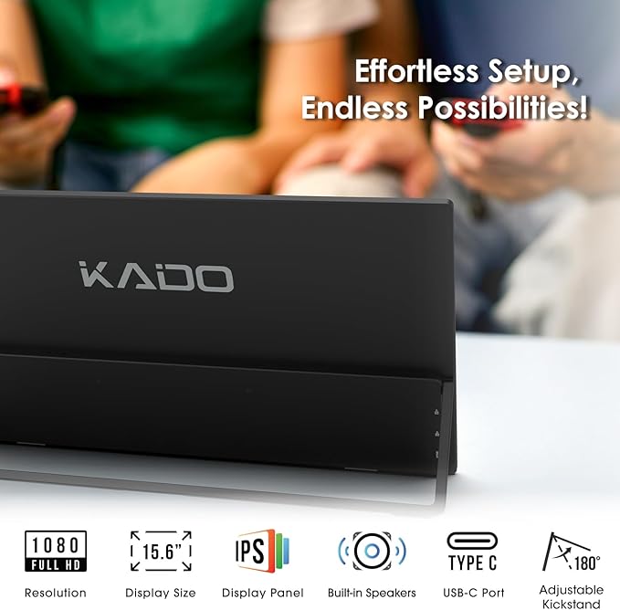 Kado Portable Monitor 15.6-Inch FHD 1080p, 45W Reverse Charging USB-C mini-HDMI Gaming Monitor IPS Display Built-in Speakers, Second Display 180° Kickstand for Laptop PC Phone Mac Xbox PS4/PS5 Switch