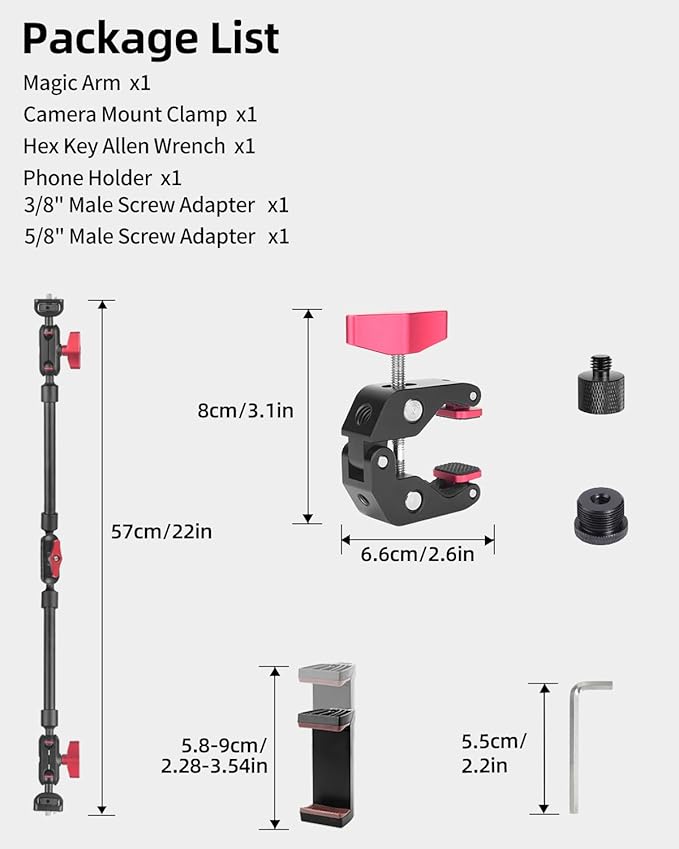 22" Magic Arm w Clamp Mount, Overhead Desk Phone Mount Stand, Adjustable Articulating Friction Camera Boom Arm w 1/4" Thread for Phone Video Light Webcam Action Camera Tripod Mic