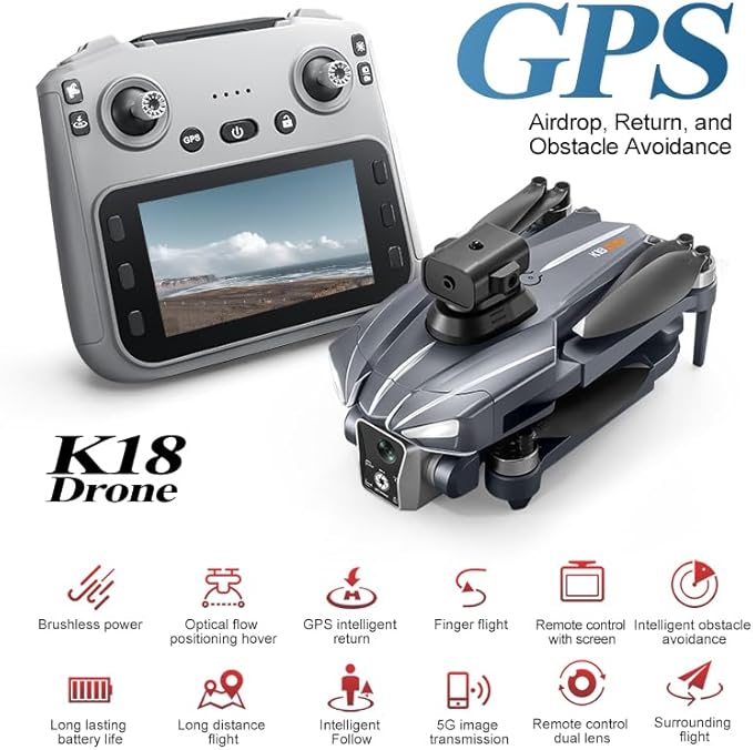 K18MAX GPS Drones with Camera for Adults 4K , 4.5" LCD remote controller, 360° obstacle avoidance, GPS-guided return-to-home, 5G Wi-Fi transmission, brushless motors, one-touch takeoff, 40 minutes of flight time— Ideal Gift & Toy for Beginners.