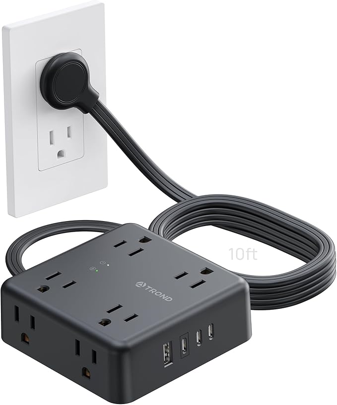 TROND Surge Protector Power Strip, 10FT Flat Plug Extension Cord with 8 Outlets & 4 USB Ports (3 USB C), 1625W, Wall Mount Outlet Extender for Home Office Dorm Room Essentials, Black