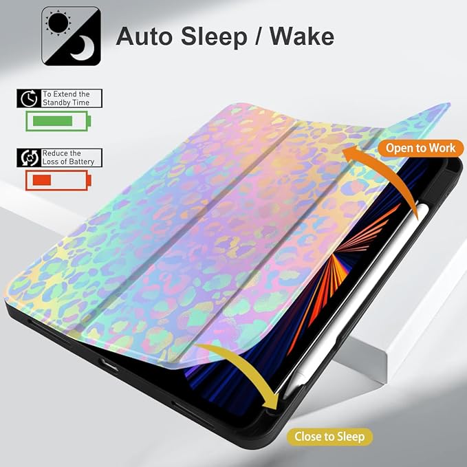 DONGKE Case for 2022/2021/2020/2018 iPad Pro 11 inch Gen 4/3/2/1 - Slim Protective Case - Built in Pencil Holder Support Charging - Trifold Stand & Sleep/Wake Cover - Colorful Leopard