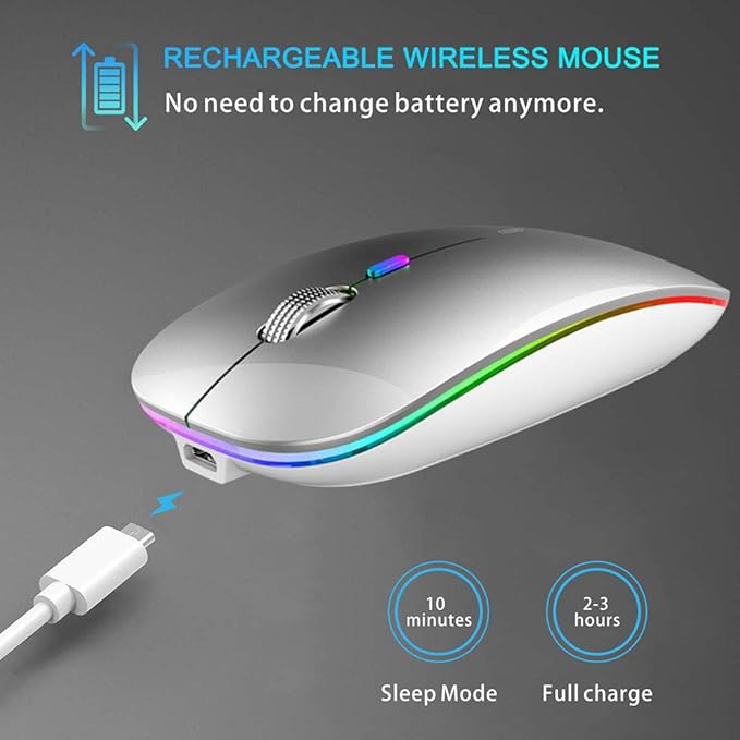 TENMOS Wireless Bluetooth Mouse, LED Slim (Bluetooth 5.1 + USB) 2.4GHz Rechargeable Silent Bluetooth Wireless Mouse with Type C Adapter for Laptop/MacBook/iPad OS 13 and Above (Silver)