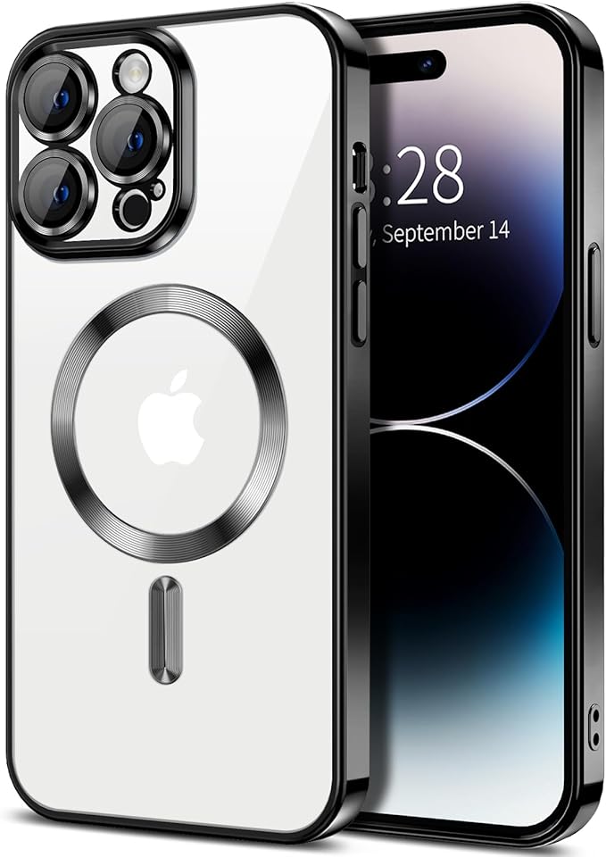 Hython Magnetic Clear for iPhone 14 Pro Max Case with Camera Lens Protector [Compatible with MagSafe] Plating Edge Slim Soft TPU Cover Protective Phone Case for iPhone 14 Pro Max 6.7", Black