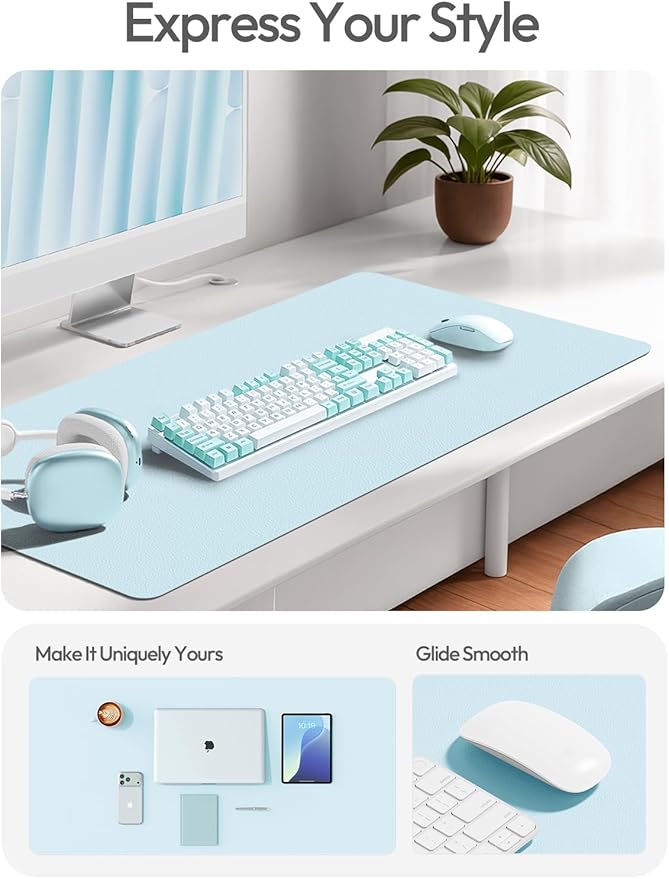 YSAGi Leather Desk Protector, Office Mat, Large Mouse Mat, Non-Slip PU Leather Blotter, Laptop Pad, Waterproof Writing Pad for Office and Home (Baby Blue, 47.2" x 23.6")