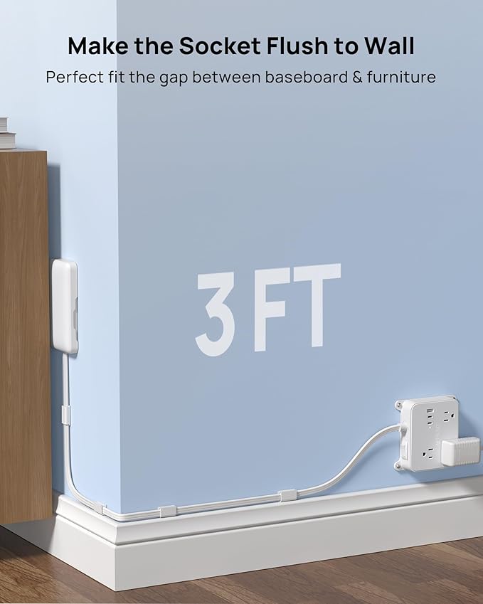 TROND Flat Power Strip with Outlet Concealer, 3 FT Short Extension Cord with 3 Widely Spaced AC Outlets, 3 USB Charger(2 USB C Ports), Wall Mount Outlet Cover for Nightstand Couches Home Essentials
