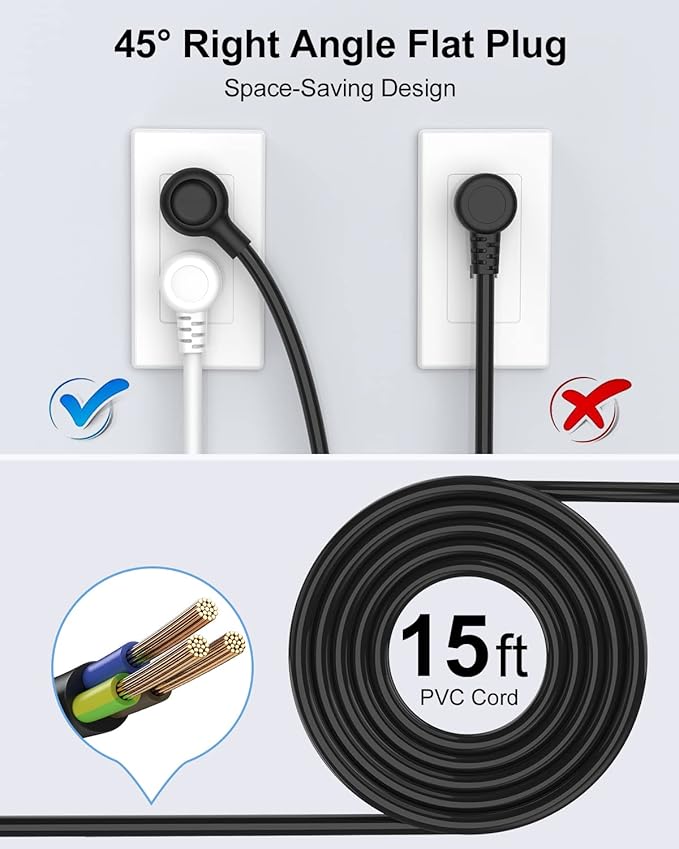 15 Ft Power Strip Surge Protector, 6 Outlets and 4 USB Ports, Flat Plug Power Strips Long Extension Cord with Overload Protection, Wall Mount for Home, Office, Dorm, ETL Listed