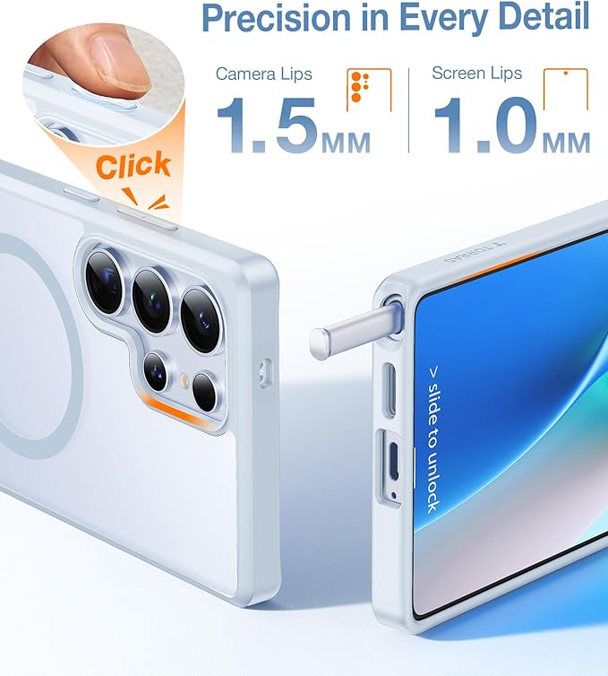 TORRAS Strong Magnetic & Seamless Stand for Samsung Galaxy S25 Ultra Case, Fit for MagSafe, Mil-Grade Drop Protection, Kickstand for Samsung Galaxy S25 Ultra Case, Translucent Back/Silverblue Edge