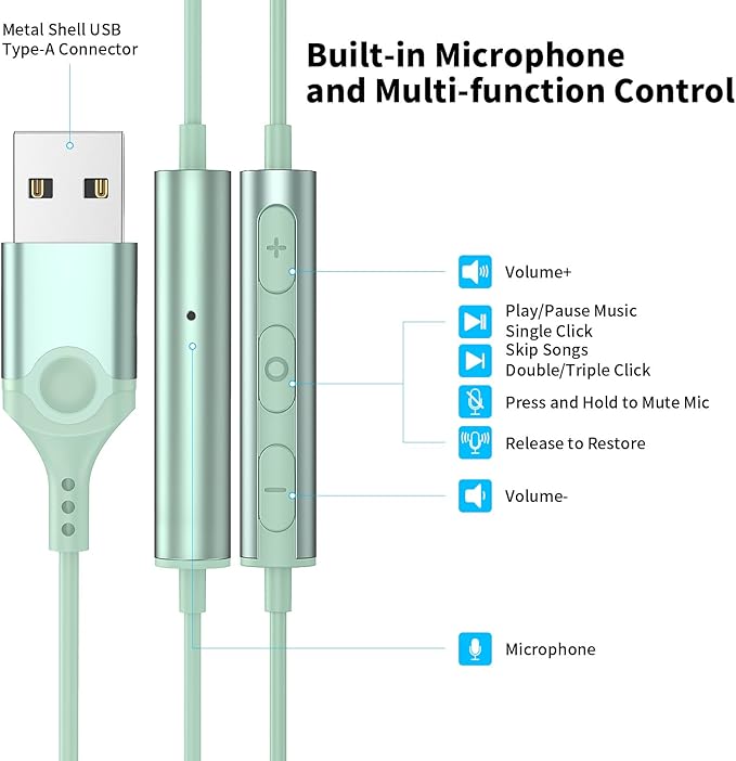 USB Headphones with Microphone for Laptop, 7.5ft Magnetic Wired Earbuds Noise Canceling in-Ear Earphones with Mute Volume Control Stereo Bass for PC Desktop Dell HP Acer Laptop Meetings,Teens,Green