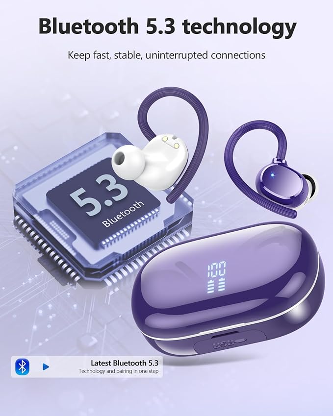 hadbleng Wireless Bluetooth Earbuds Sport 128H Playtime Bluetooth 5.3 Headphones with LED Display Powerful Bass Over Ear Earphones with Earhooks IP7 Waterproof