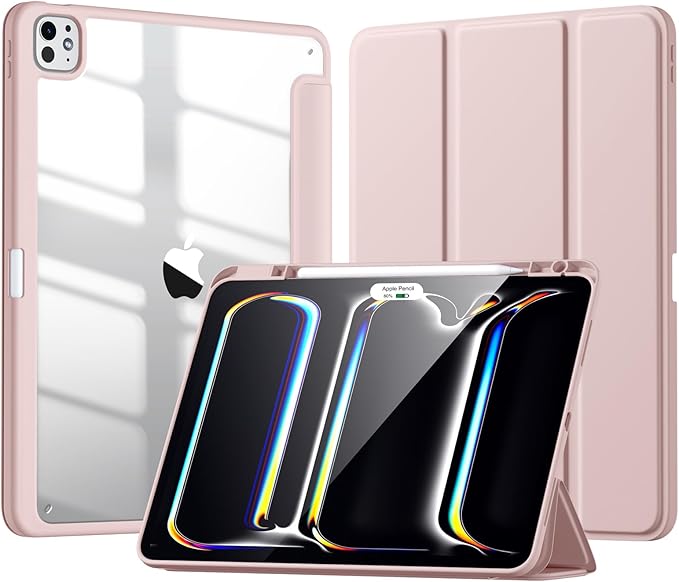 New Compatible with iPad Pro 13 inch Case M5 2025/M4 2024 with Built-in Pencil Holder, Kidopire for iPad Pro 13 Case with Hard Clear Back Shell, Support Pencil Pro & Pencil USB-C, Auto Wake/Sleep,Pink