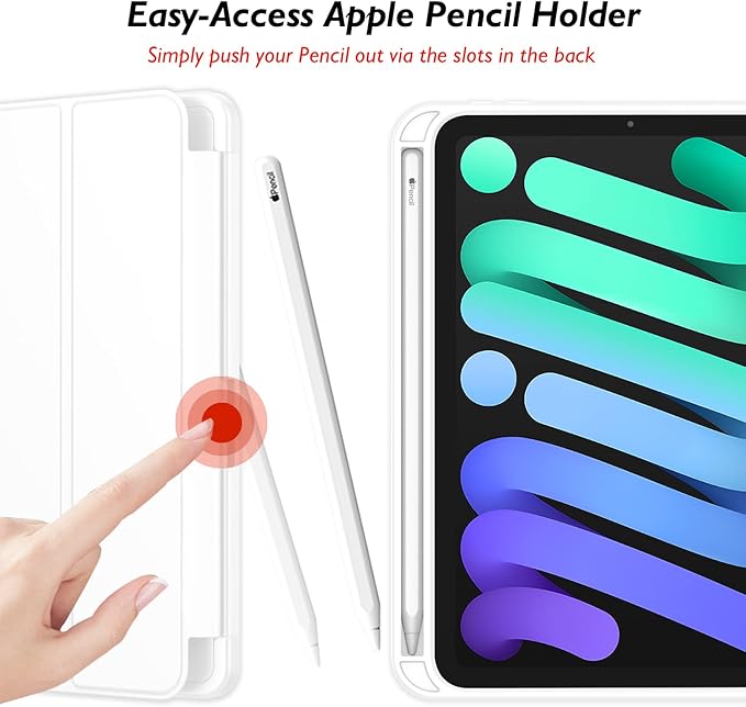 iMieet iPad Mini 7 Case 2024 (A17 Pro), iPad Mini 6 Case (8.3-Inch,2021 Model), iPad Mini 7th/6th Generation Case with Pencil Holder, Trifold Stand Smart Case with Soft TPU Back,White