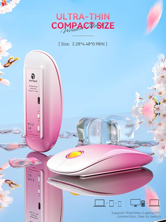 Bluetooth Wireless Mouse - (BT5.1+USB) Slim Dual Mode Computer Mice with Quiet Click, Low Power, and 1600 DPI, Portable Cordless Mouse for MacBook, Laptop, iPad Pro/Air(Gradient Pink)