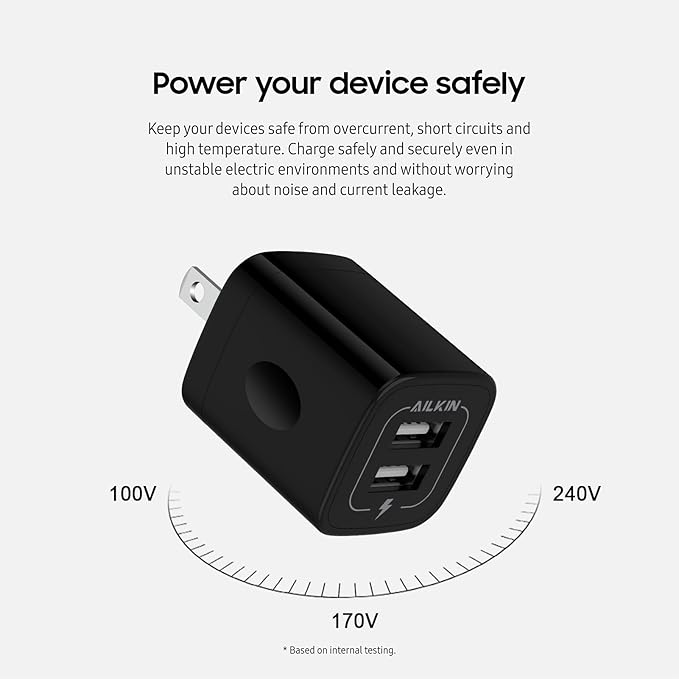 USB Wall Charger, AILKIN 2.1A Dual Port Portable Universal USB Wall Charger Adapter Box for iPhone 17 16 15 14 13 12 Mini Pro Max SE 11 XS Plus, Samsung Galaxy A04S A14 S22 S21, Google Pixel 7 7a 6 6a