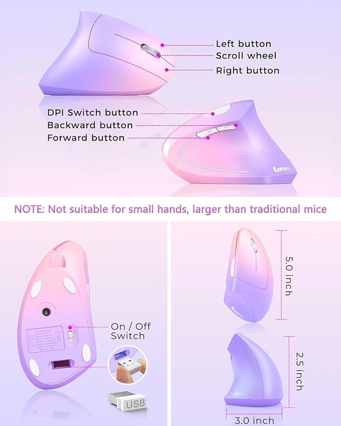 Lekvey Ergonomic Mouse, Vertical Wireless Mouse Rechargeable 2.4 GHz Optical Carpal Tunnel Mouse : 800/1200/1600 DPI, 6 Buttons, for Laptop, PC, Mac, Computer, Desktop, Notebook etc, Pink to Purple