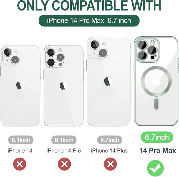Hython Magnetic Clear for iPhone 14 Pro Max Case with Camera Lens Protector [Compatible with MagSafe] Plating Edge Slim Soft TPU Cover Protective Phone Case for iPhone 14 Pro Max 6.7", Matte Mint