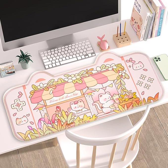 PERFECTSIGHT Cute Cat Desk Mat Kawaii Flower Store Desk Pad, Pink Switch Large Gaming Mouse Pad, Funny Florists Deskmat Mousepad, Anime Laptop Keyboard Pad Office Home Decor for Women Girls, Kitty