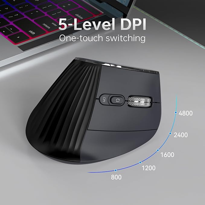 Ergonomic Vertical Mouse Wireless, Bluetooth Ultra-Fast Scrolling 4800 DPI Rechargeable Ergo Mouse, 2.4G Quiet Clicks 6 Buttons RGB Optical Mice, 3 Multi-Device Connectivity for Mac, Laptop - Black