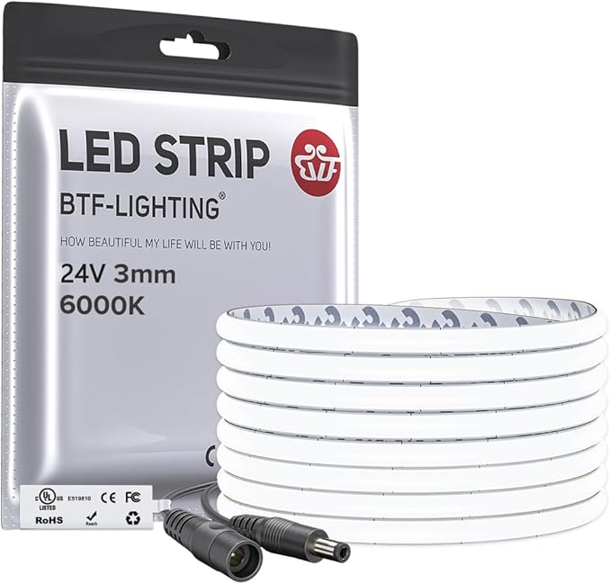 BTF-LIGHTING FCOB COB 3mm Width UL Listed Super Narrow Flexible Uniform LED Strip Light 16.4FT DC24V 6000K CRI 90+ Dimmable LED Ribbon for Kitchen Home Indoor Decor(No Adapter or Controller)