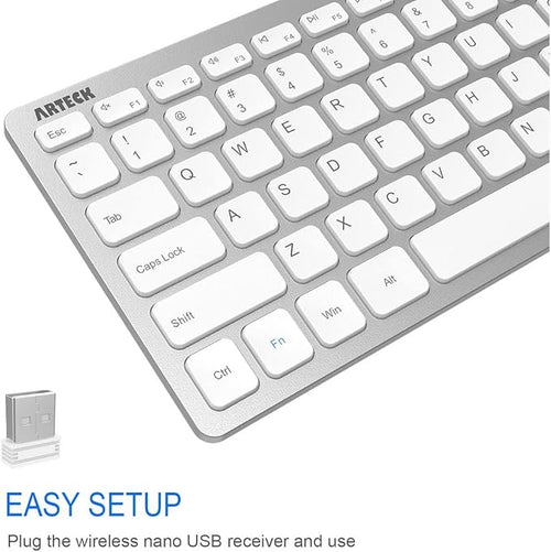 Arteck 2.4G Wireless Keyboard Ultra Slim and Compact Keyboard with Media Hotkeys for Computer Desktop PC Laptop Surface Smart TV and Windows 11/10/8/7, Silver