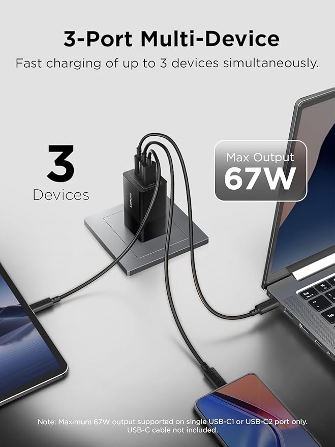 Lenovo 67W USB-C Charger, 3-Port Multi-Device Fast Charging, Advanced GaN Charger Block, Compact Fast Wall Charger, for MacBook Pro/Air, Dell XPS, iPhone 16 Series, Samsung Galaxy, and More
