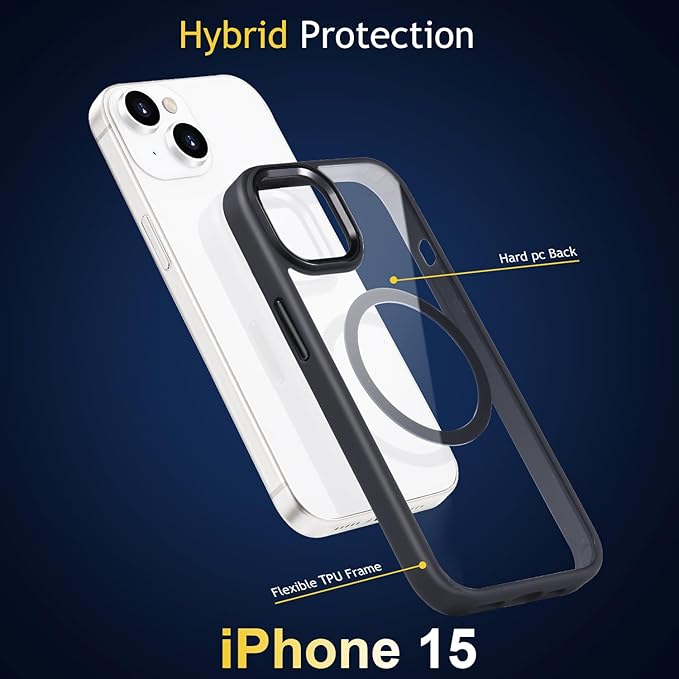 Tigowos Compatible with iPhone 15 case [Fits MagSafe][10FT Drop Resistant] Clear Shockproof Slim Fit iPhone 15 Phone Cases, Clear Black